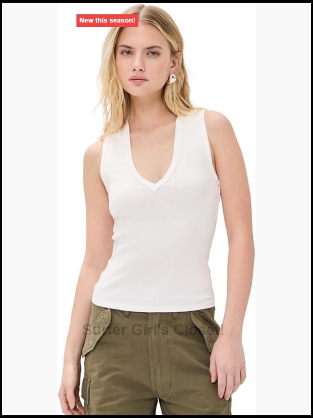 V-Neck Sleeveless Cotton Blend Tank Top Lightweight Knit Ivory